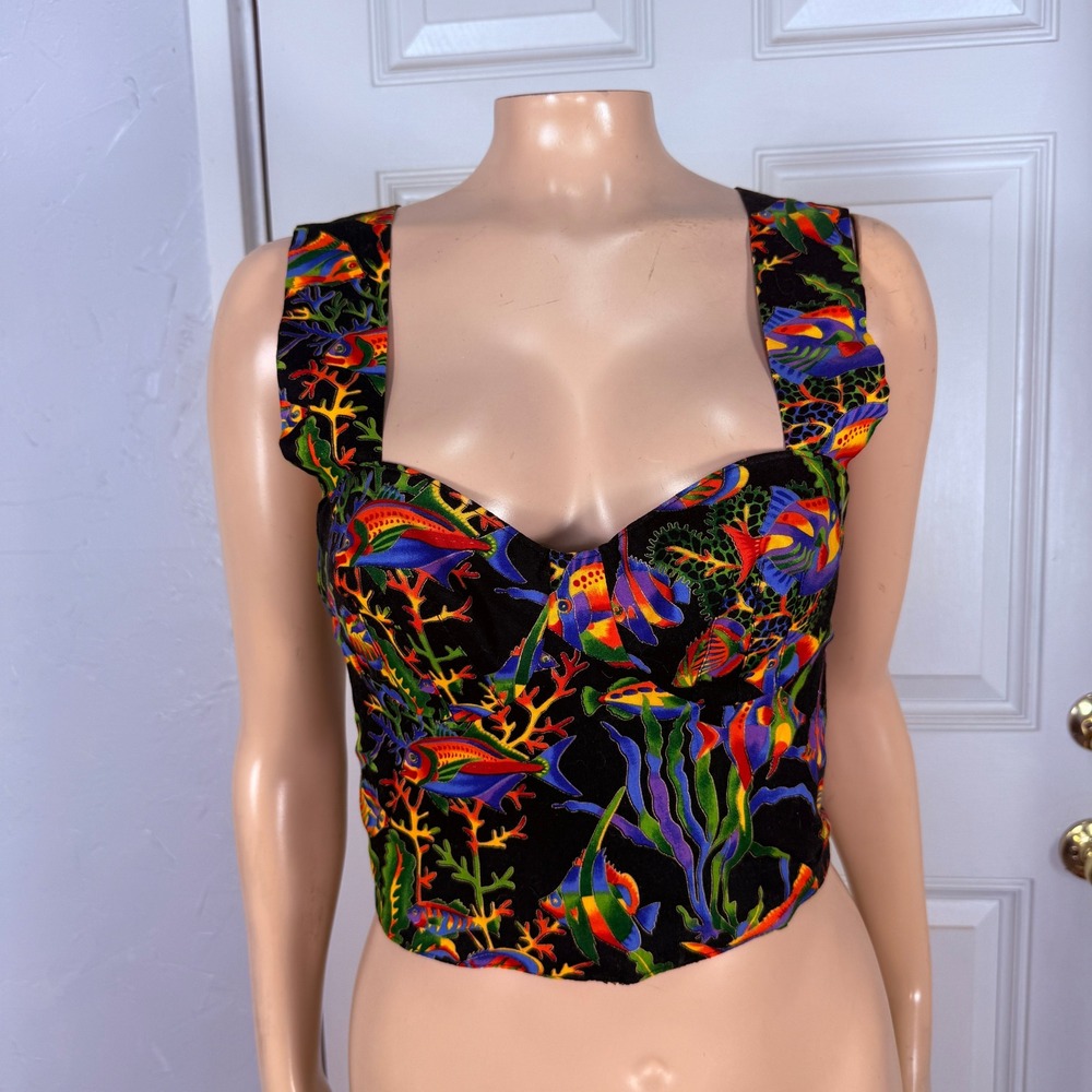 Vintage 90s Magic of the Moon Women's Shirt Top 36A Corset Tropical Fish H3-22